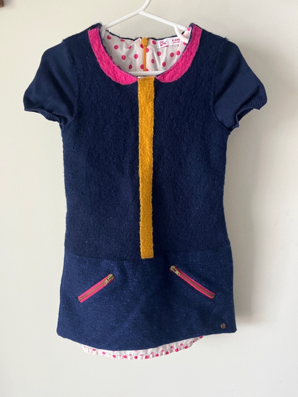 DP…am Girls Dress Size 6 Wool Blend Navy Pink Polka Dot Lined Zip Pocket